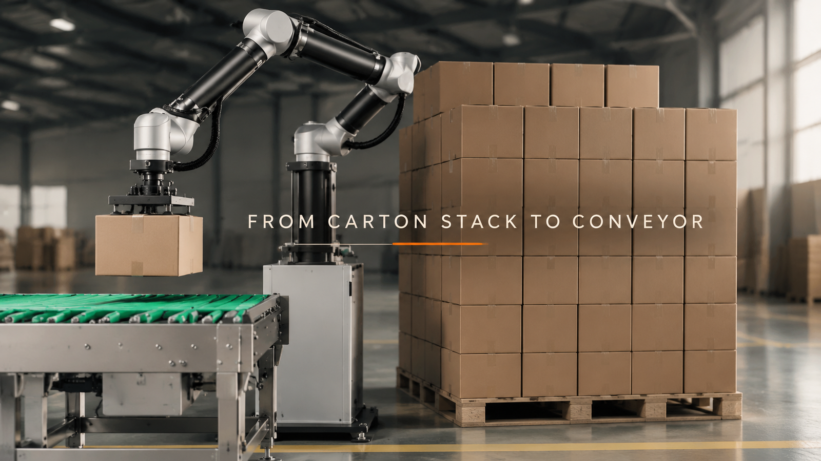 Editorial industrial automation illustration for Carton Depalletizing to a Conveyor: Define the Layer, Grip and Release Logic
