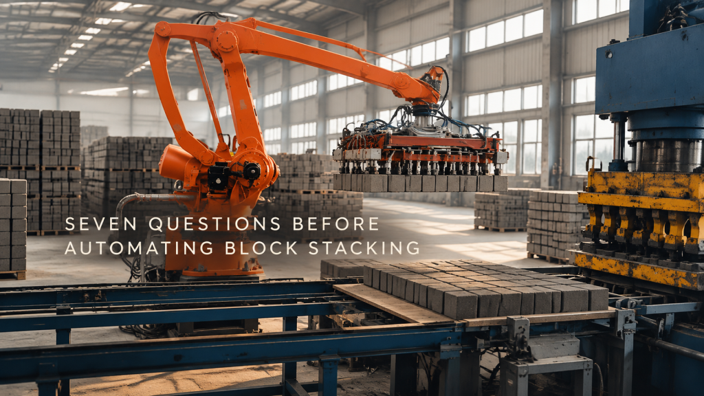 Editorial industrial automation illustration for Automating Block Stacking at the Press: Seven Questions Buyers Ask Before Ordering a Palletizing Robot