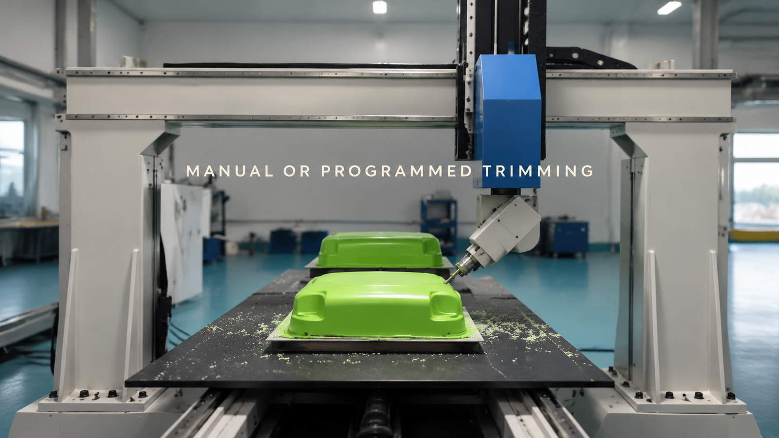 Editorial industrial automation illustration for Manual or Programmed Trimming for Formed Plastic Shells?