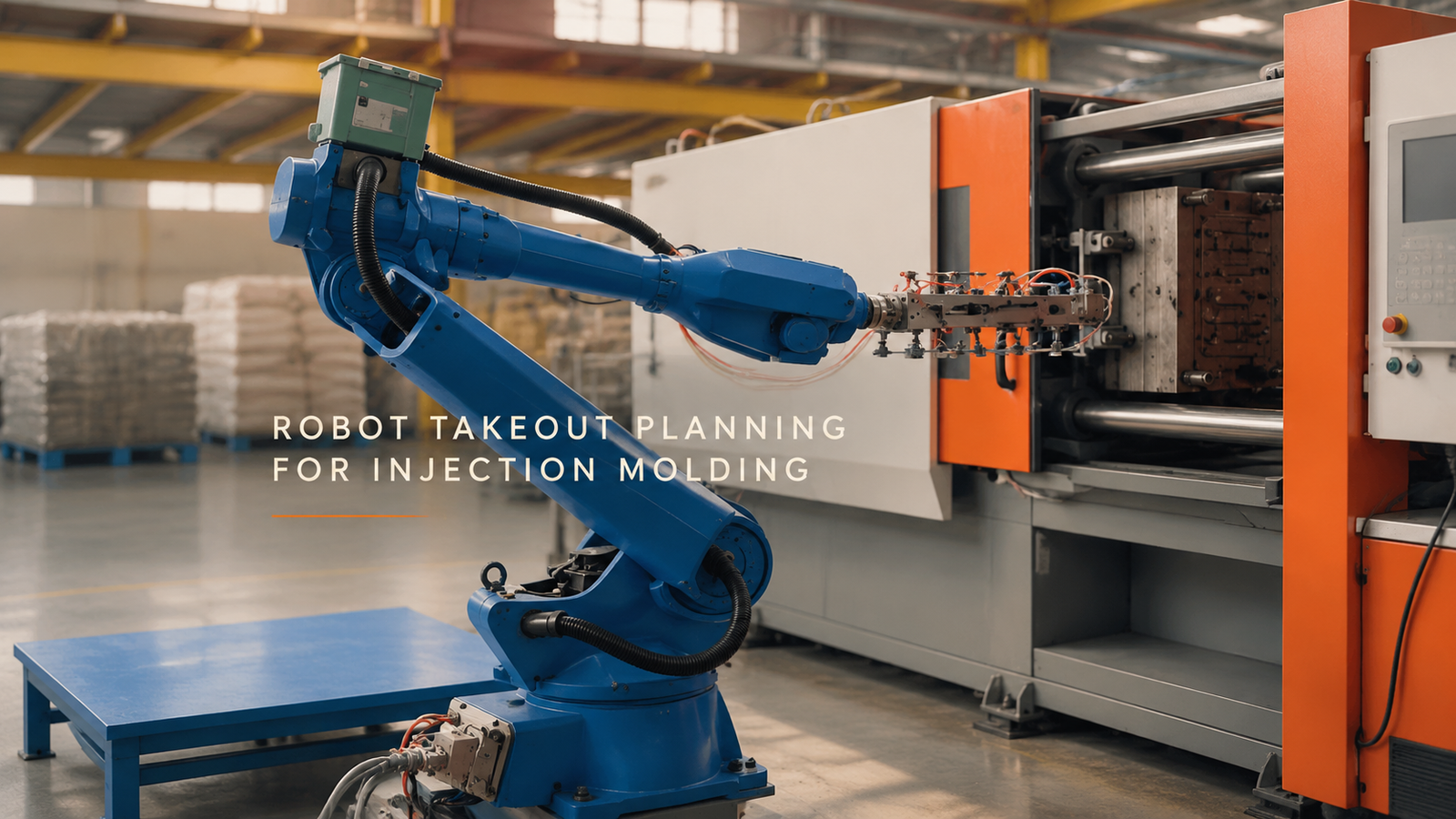 Editorial industrial automation illustration for Robot Takeout Planning for Injection Molding
