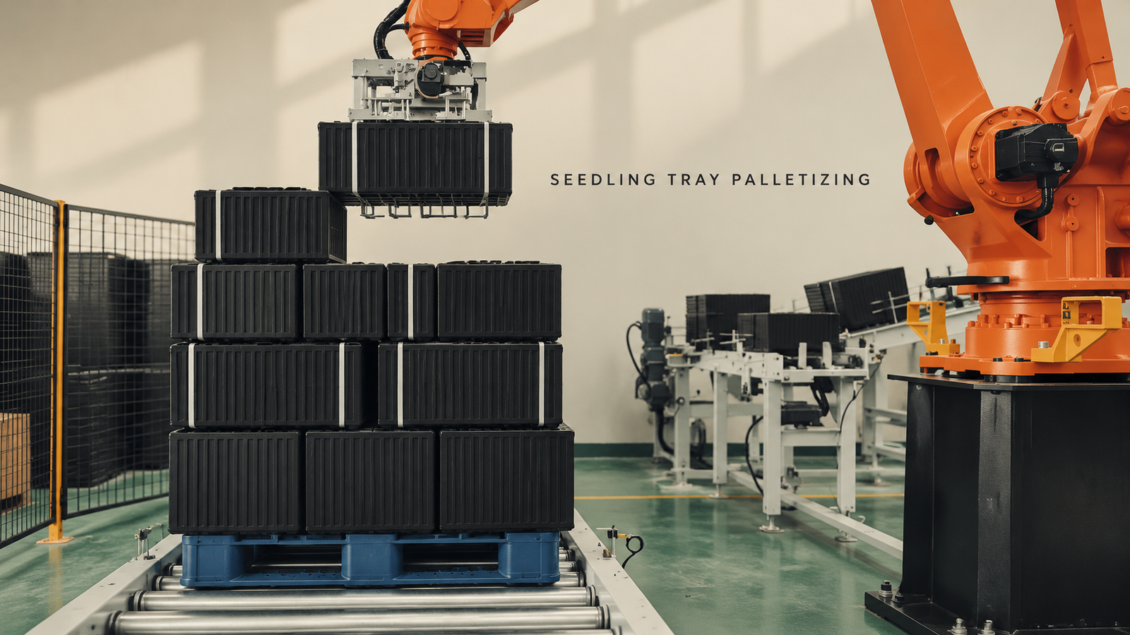 Editorial industrial automation illustration for Robot Seedling Tray Palletizing: Alternating Layers and Pallet Discharge
