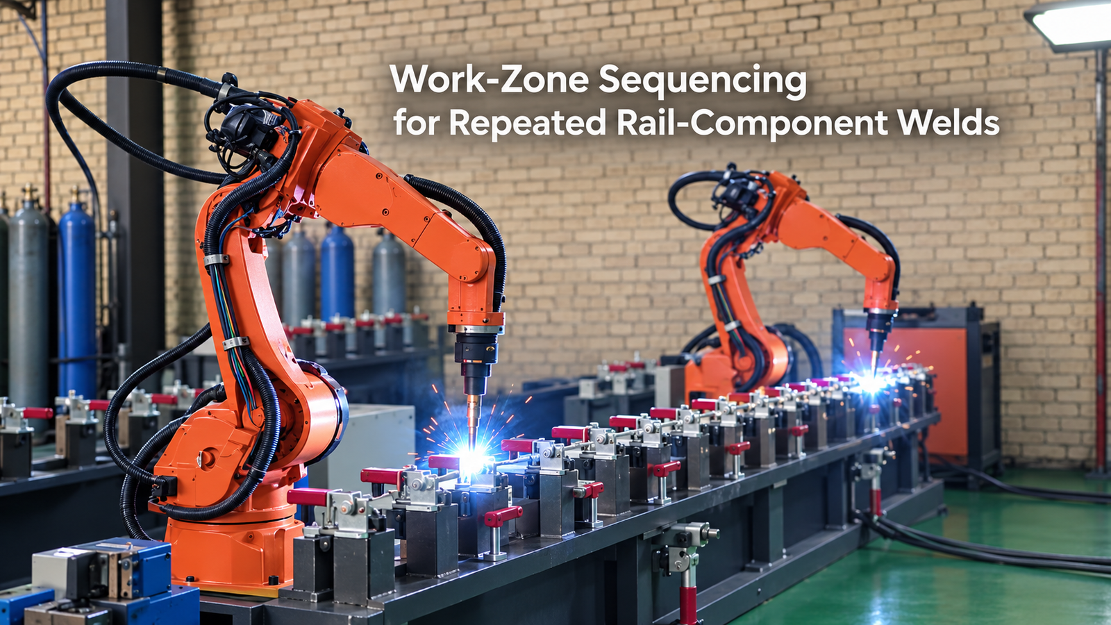 Editorial industrial automation illustration for Work-Zone Sequencing for Repeated Rail-Component Welds