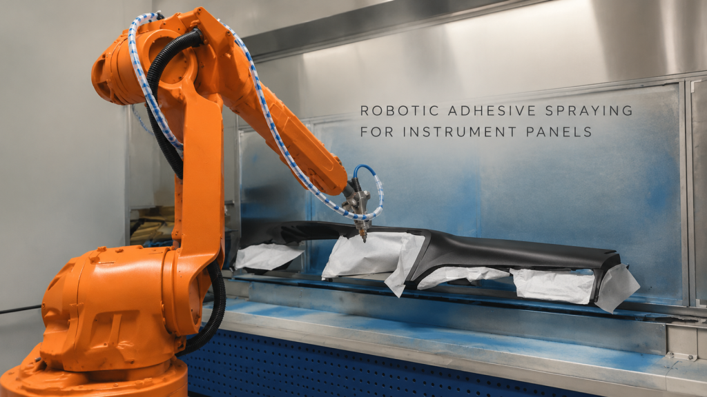 Editorial industrial automation illustration for Robotic Adhesive Spraying for Instrument Panels