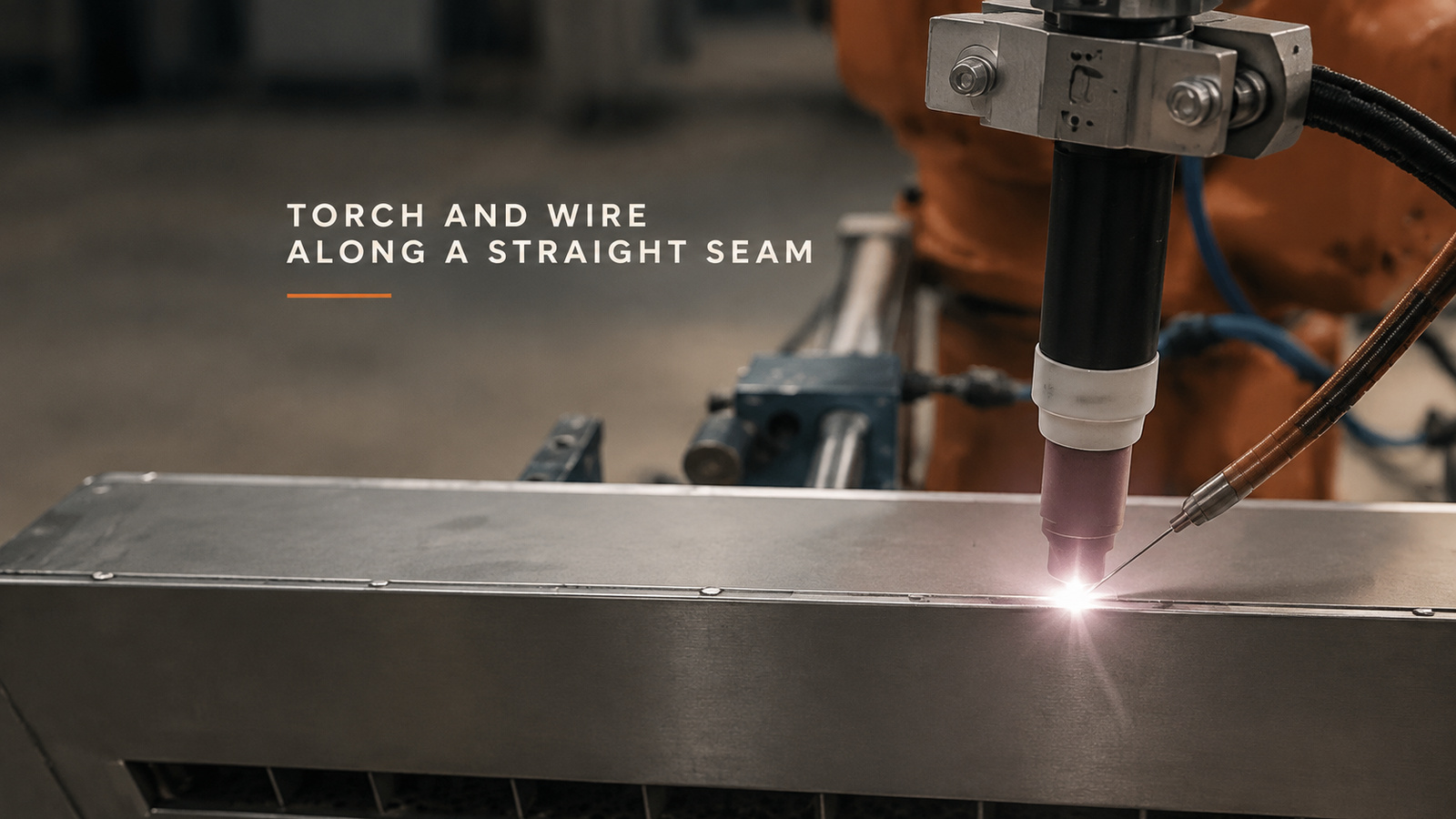 A robotic TIG torch and separate side wire guide advance along a straight joint in a clamped sheet-metal part.