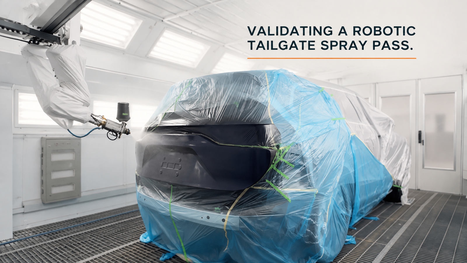 Editorial industrial automation illustration for What Makes a Robotic Tailgate Spray Path Work Around Edges, Masks, and Booth Constraints?
