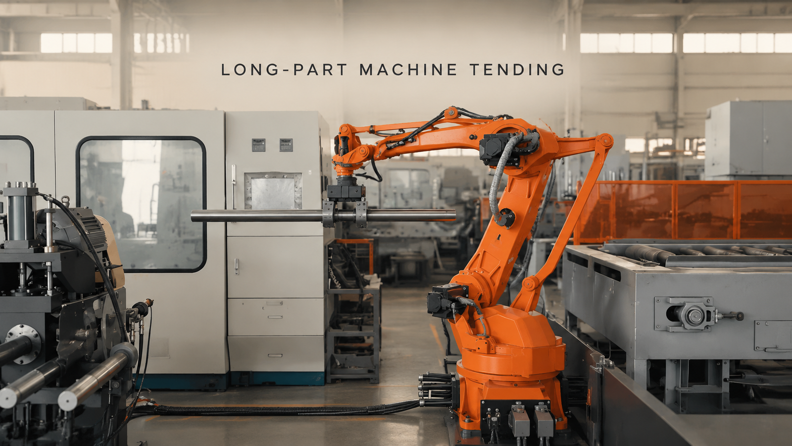 Editorial industrial automation illustration for Robot Tending for Long Metal Parts: Support, Swing Envelope, and Station Handoffs