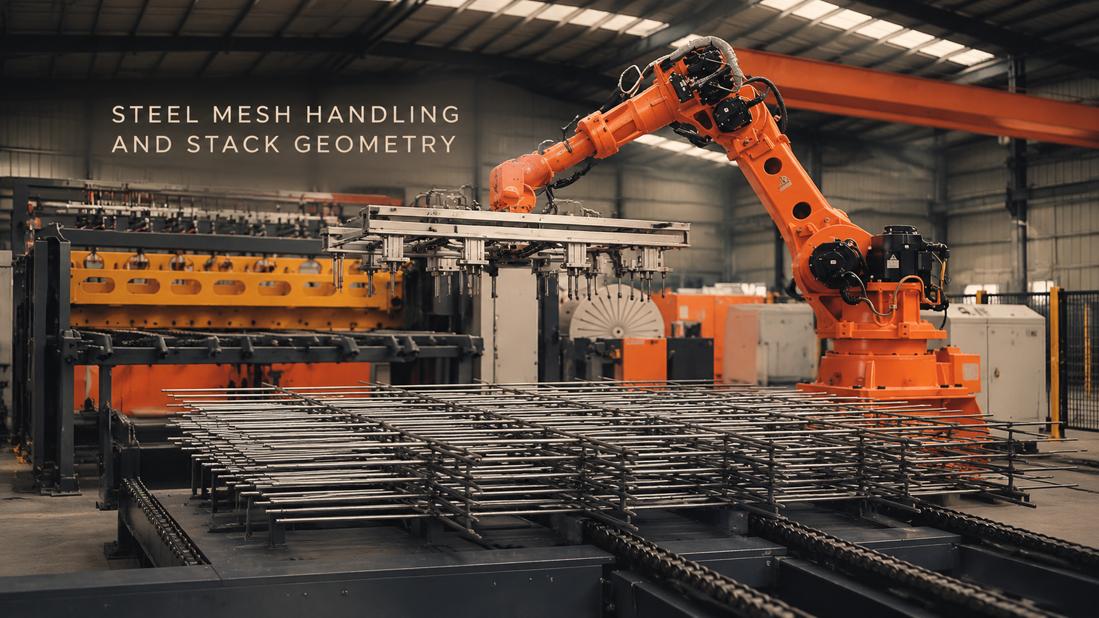 Editorial industrial automation illustration for Robot Handling and Stacking Steel Mesh Panels: Control the Flexible Envelope