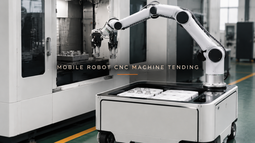 Editorial industrial automation illustration for Mobile Robot CNC Machine Tending